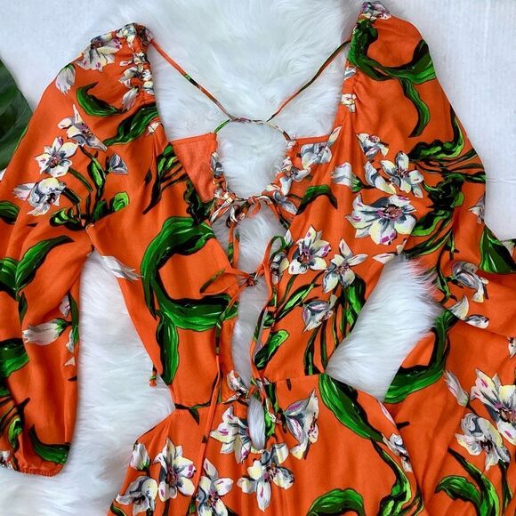 NWT Zara Orange Floral Tropical Maxi Dress Tiered Ruffle Cut Outs XS - Picture 7 of 11